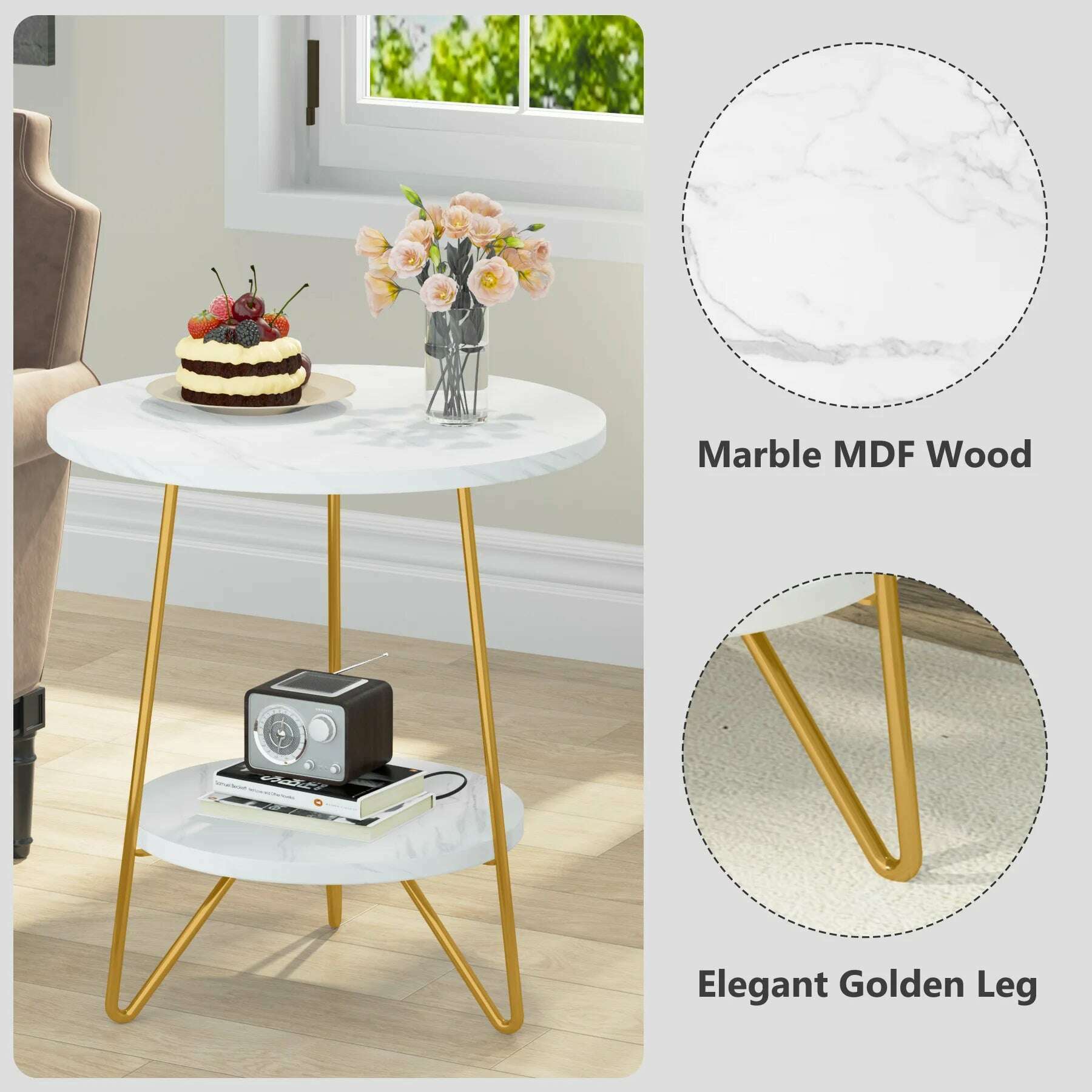 KIMLUD, Tribesigns Faux Marble End Table, 2 Tier Round Side Table with Shelves, Modern Nightstand Bedside Table Small Coffee Table, KIMLUD Womens Clothes