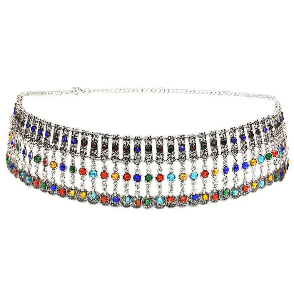 KIMLUD, Turkish Coin Long Tassel Belly Chains for Women Colorful Crystal Waist Dance Belt India Gypsy Statement Beach Jewelry, KIMLUD Womens Clothes