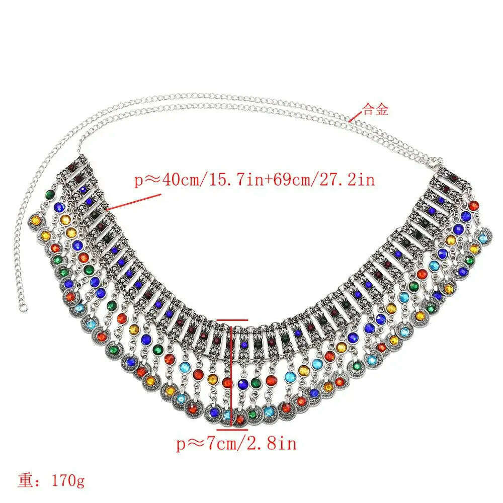 KIMLUD, Turkish Coin Long Tassel Belly Chains for Women Colorful Crystal Waist Dance Belt India Gypsy Statement Beach Jewelry, KIMLUD Womens Clothes