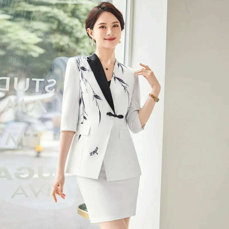 KIMLUD, Two-Piece Leaf Print Blazer Pantsuits Set for Women Office Ladies Business Single Buttons Formal Wide Leg Pants Trousers Suit, KIMLUD Womens Clothes