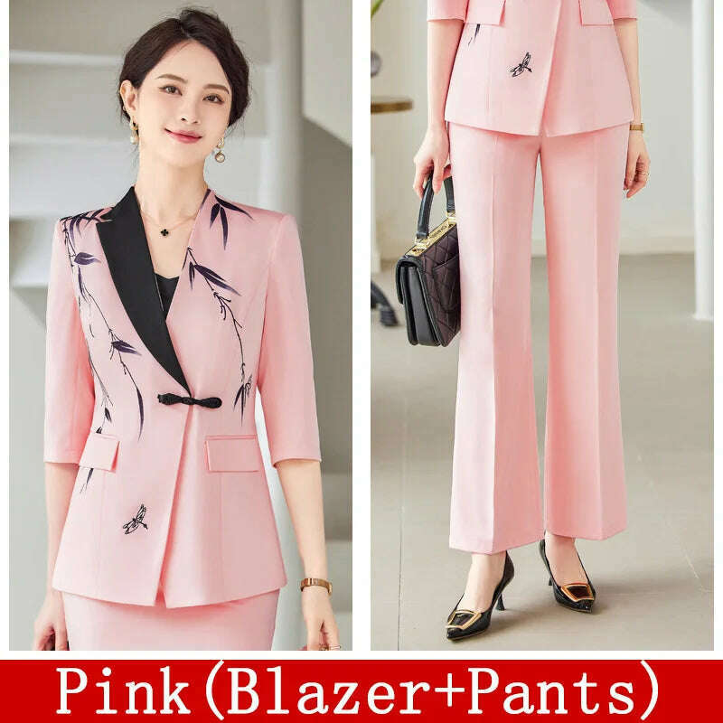 KIMLUD, Two-Piece Leaf Print Blazer Pantsuits Set for Women Office Ladies Business Single Buttons Formal Wide Leg Pants Trousers Suit, Pink Pant Suits / XXXL / CHINA, KIMLUD APPAREL - Womens Clothes