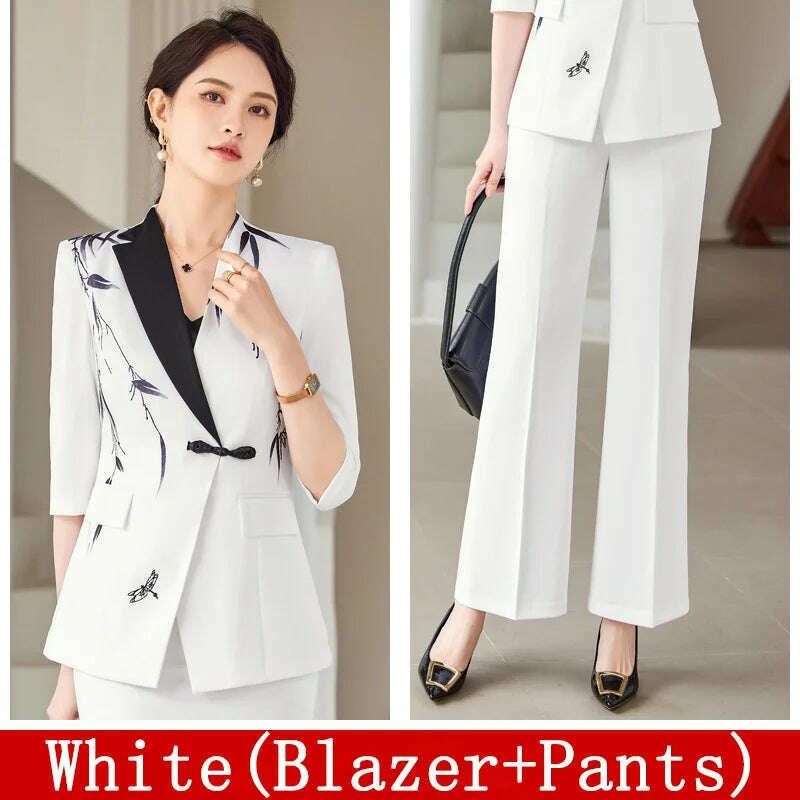 KIMLUD, Two-Piece Leaf Print Blazer Pantsuits Set for Women Office Ladies Business Single Buttons Formal Wide Leg Pants Trousers Suit, White Pant Suits / S / CHINA, KIMLUD APPAREL - Womens Clothes