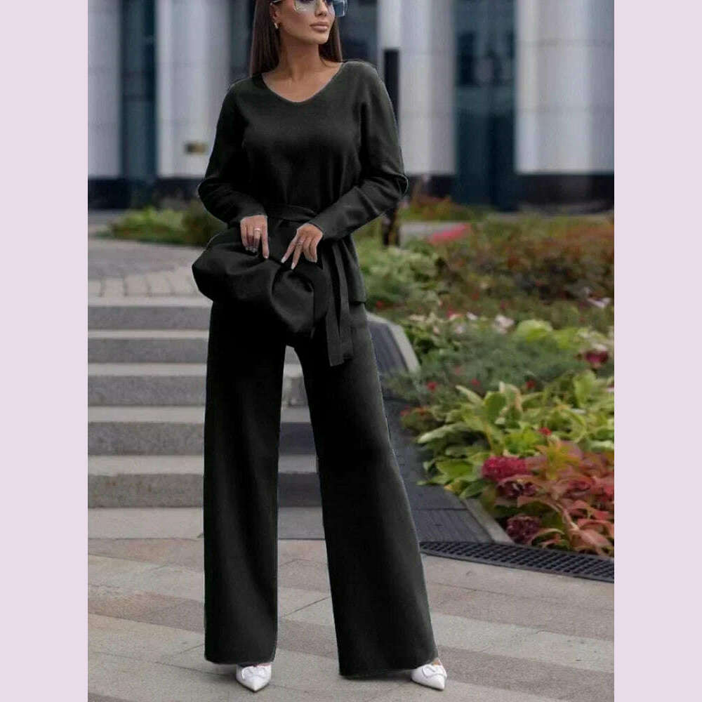 KIMLUD, Two Piece Pant Sets for Women Casual V-neck Knitted Sweater Suits New Elegant Women's Sweater with Belt and Wide Leg Pant Sets, black / L, KIMLUD APPAREL - Womens Clothes