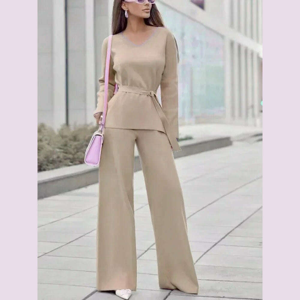 KIMLUD, Two Piece Pant Sets for Women Casual V-neck Knitted Sweater Suits New Elegant Women's Sweater with Belt and Wide Leg Pant Sets, Apricot / S, KIMLUD APPAREL - Womens Clothes