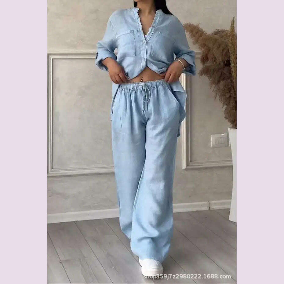 KIMLUD, Two Piece Sets Women Spring Autumn Casual Simple Long Sleeve Pocket Shirts 2 Piece Set Fashion Loose Office Shirts Suit Outfites, Blue / XXXL, KIMLUD APPAREL - Womens Clothes