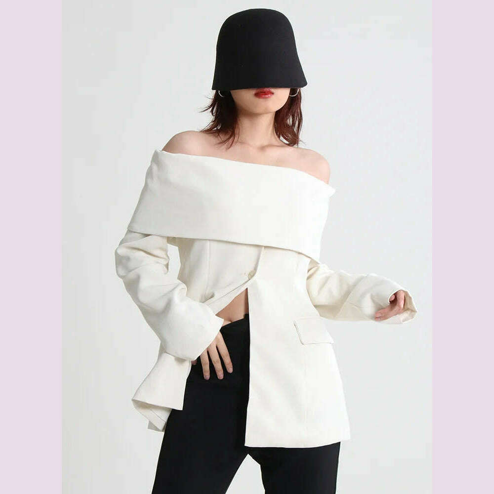 TWOTWINSTYLE Minimalist Solid Slash Neck Blazer For Women Long Sleeve Off Shoulder Straight Blazers Female Clothing New Fashion - KIMLUD