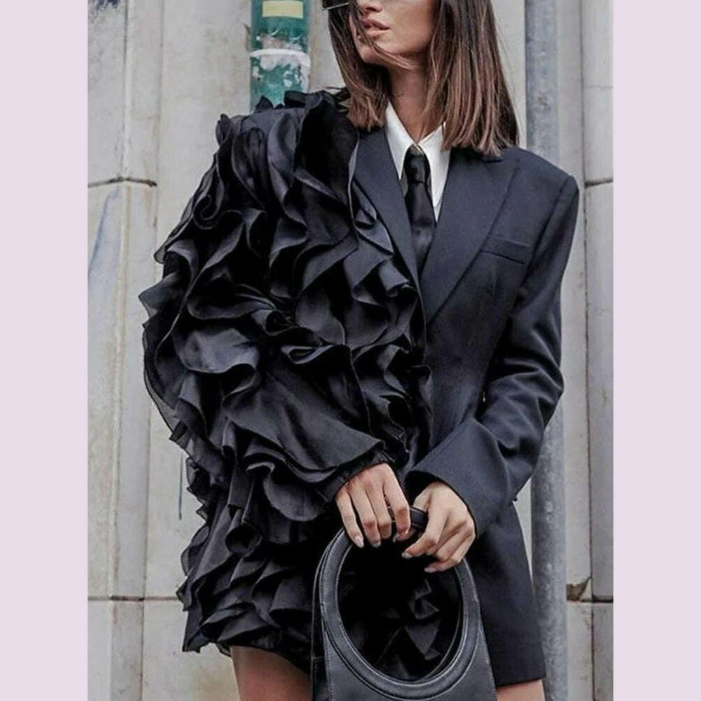 TWOTWINSTYLE Patchwork Ruffles Chic Blazers For Women Notched Collar Long Sleeve Spliced Pocket Designer Blazer Female Fashion - KIMLUD