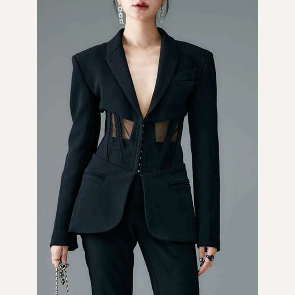 KIMLUD, TWOTWINSTYLE Solid Blazers For Women Notched Collar Long Sleeves Patchwork Mesh Slimming Sexy Blazer Female Fashion Clothes 2023, Black / M, KIMLUD APPAREL - Womens Clothes