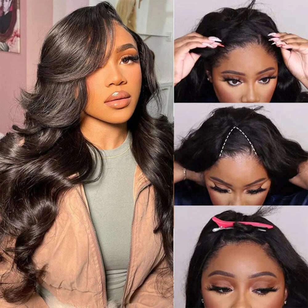 U V Part Wig Human Hair Body Wave Human Hair Wigs No Leave Out No Glue Brazilian Remy U Part Human Hair Wave Wigs for Women - KIMLUD