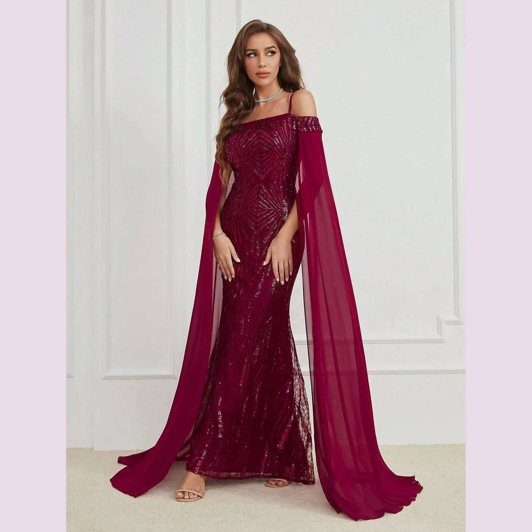 KIMLUD, Unithorse Elegant cold shoulder sequined dress, Claret / M, KIMLUD APPAREL - Womens Clothes