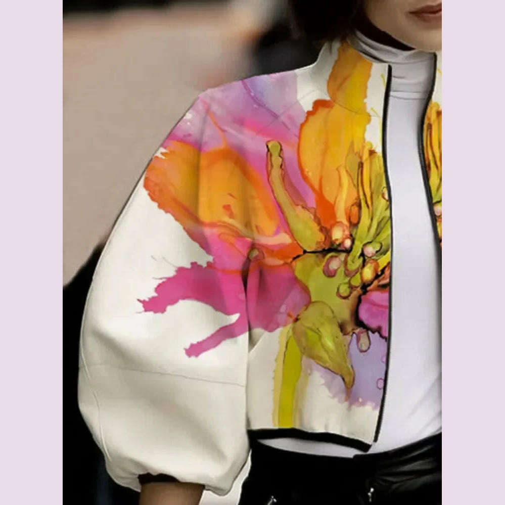 KIMLUD, UOOZEE 2024 New Autumn Women Stand Collar Jackets Fashion Elegant Floral Printed Puff Sleeves Loose Fit Casual Outerwears, KIMLUD Womens Clothes