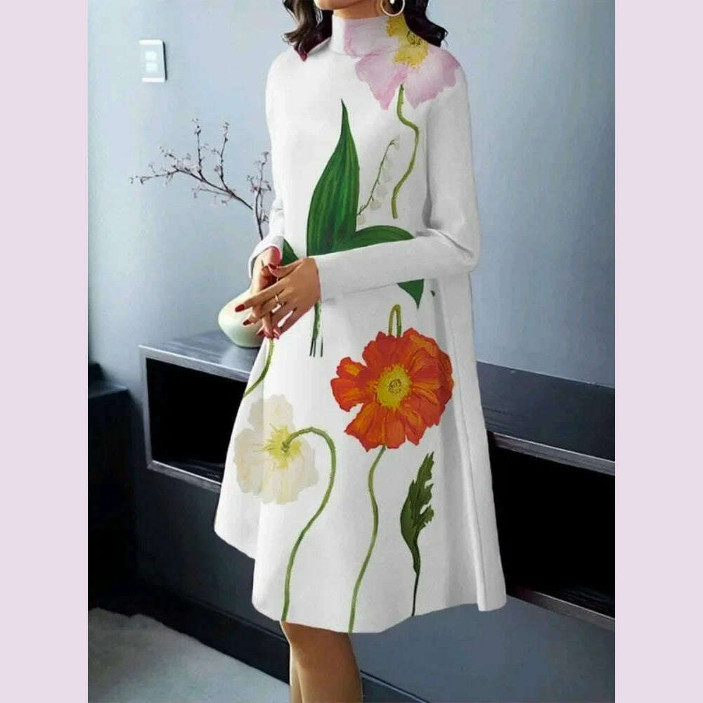 UOOZEE Women British Style High Neck Evening Midi Dresses 2025 New Autumn Flower Printed Long Sleeves Elegant A-line Dress - KIMLUD