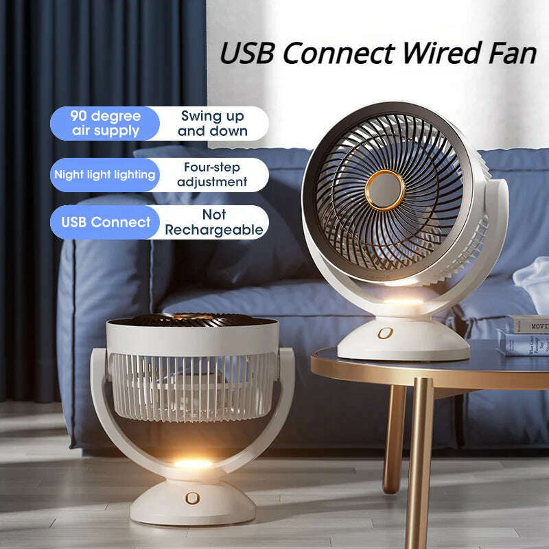 KIMLUD, USB Air Circulation Electric Fan Non Rechargeable Table Desktop Portable Wall Mounted 360 Degree Rotation with Light for Home, KIMLUD Womens Clothes