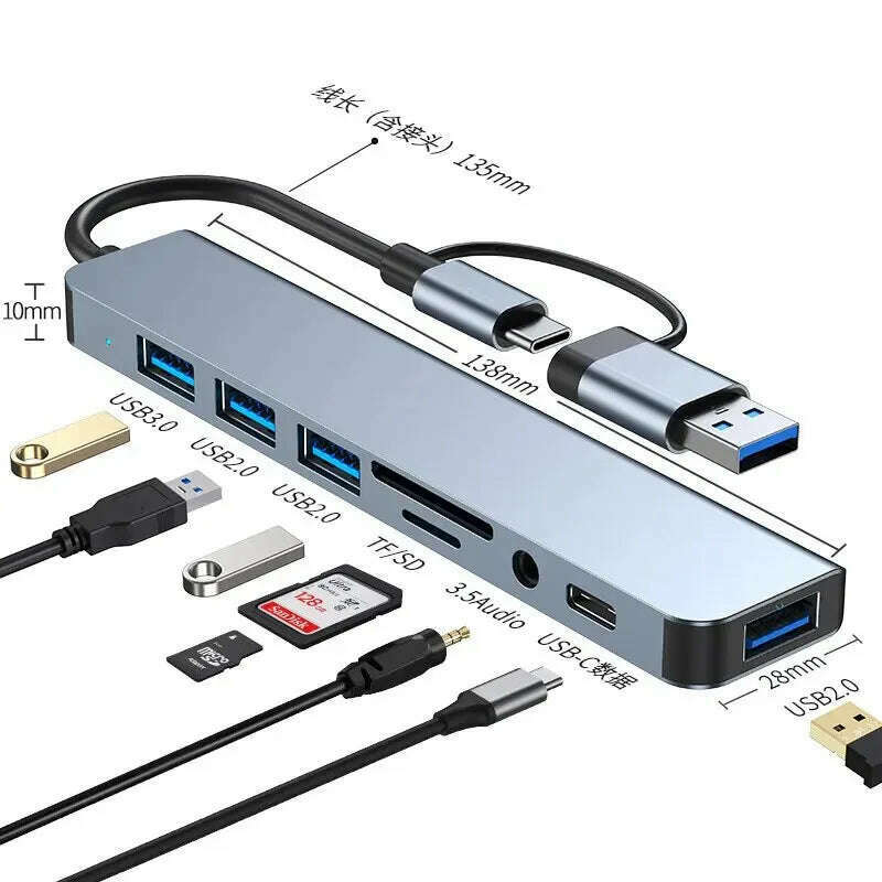 KIMLUD, USB C Hub USB Splitter 8 in 2 USB Extender with 4 USB Port 1 USBC Port TF/SD Card Reader Audio Output Compatible with MacBook, 8 IN 2, KIMLUD APPAREL - Womens Clothes