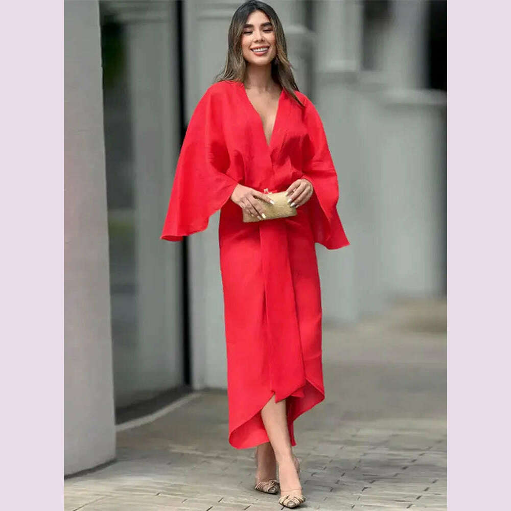 KIMLUD, V-neck Long Flare Sleeves Pleated Midi Dress Women Casual Loose Irregular Hem Robes 2024 New Fashion Lady Party Prom Vestidos, KIMLUD Womens Clothes