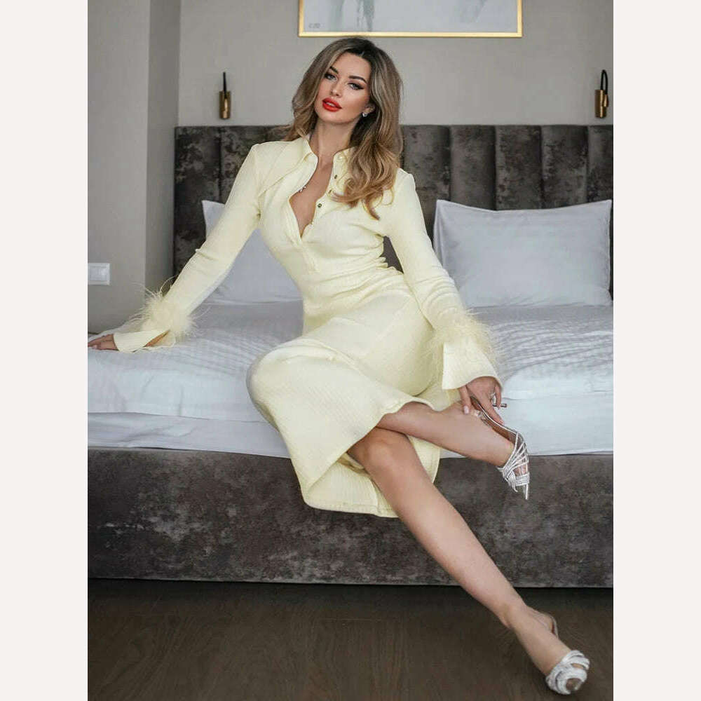 KIMLUD, VC Light Yellow Maxi Dress Women Elegant Bodycon Bandage Long Sleeve Feather Design Party Dress Vestidos, KIMLUD Womens Clothes