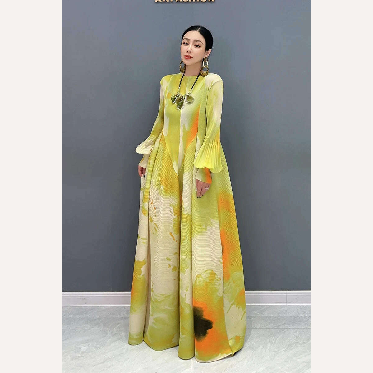 KIMLUD, Vefadisa 2024 Spring Summer New Dress Printed Spliced Pleated Bubble Sleeve Long Dress Elegant Ladies Dress WXY132, KIMLUD Womens Clothes