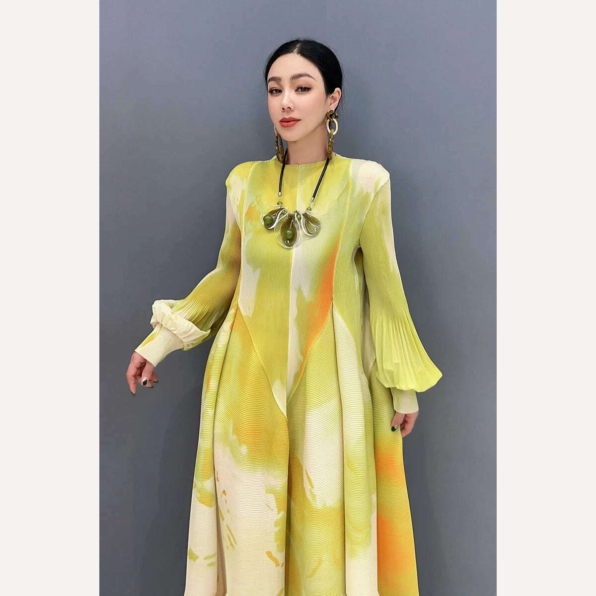 KIMLUD, Vefadisa 2024 Spring Summer New Dress Printed Spliced Pleated Bubble Sleeve Long Dress Elegant Ladies Dress WXY132, KIMLUD Womens Clothes