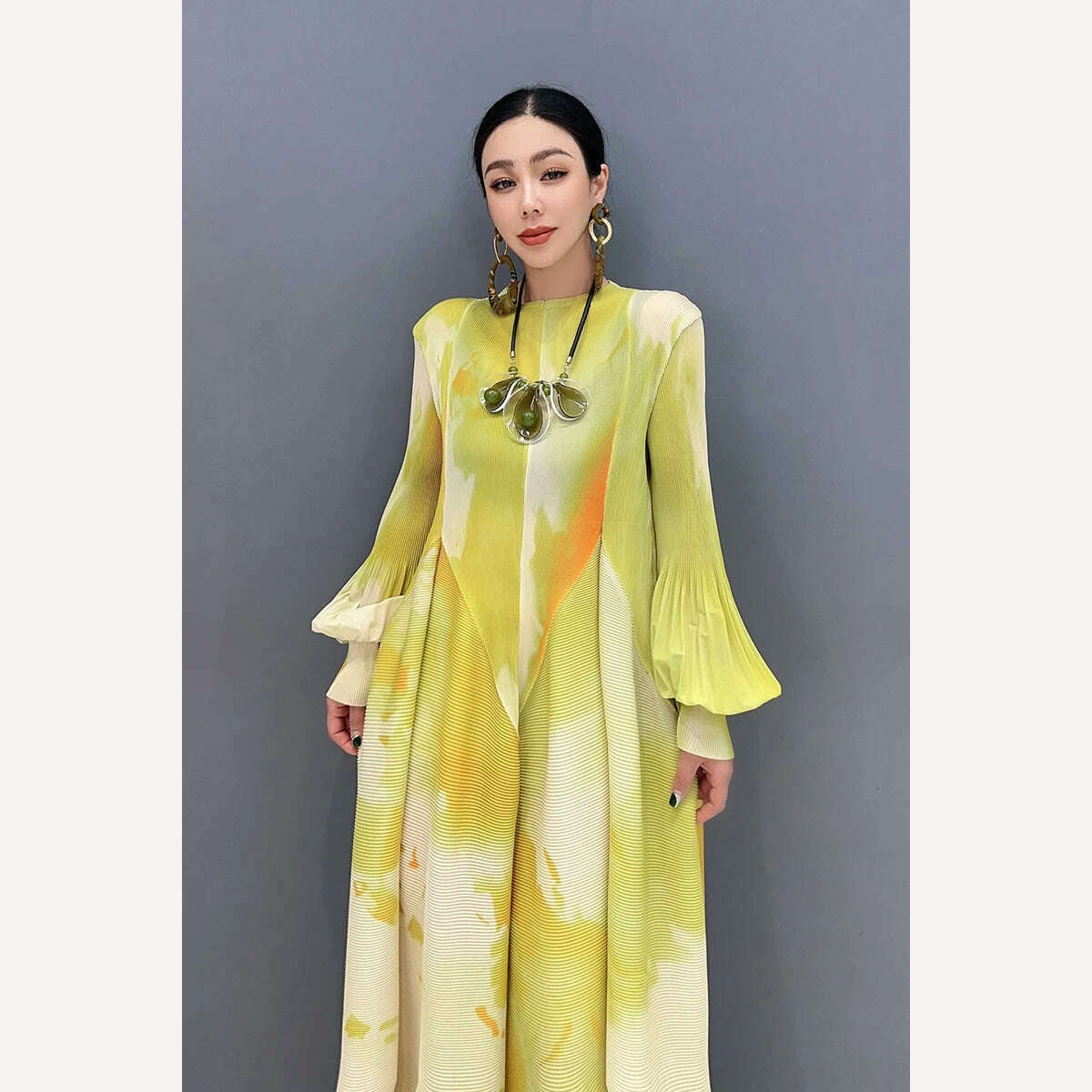 KIMLUD, Vefadisa 2024 Spring Summer New Dress Printed Spliced Pleated Bubble Sleeve Long Dress Elegant Ladies Dress WXY132, One Size / Yellow, KIMLUD APPAREL - Womens Clothes