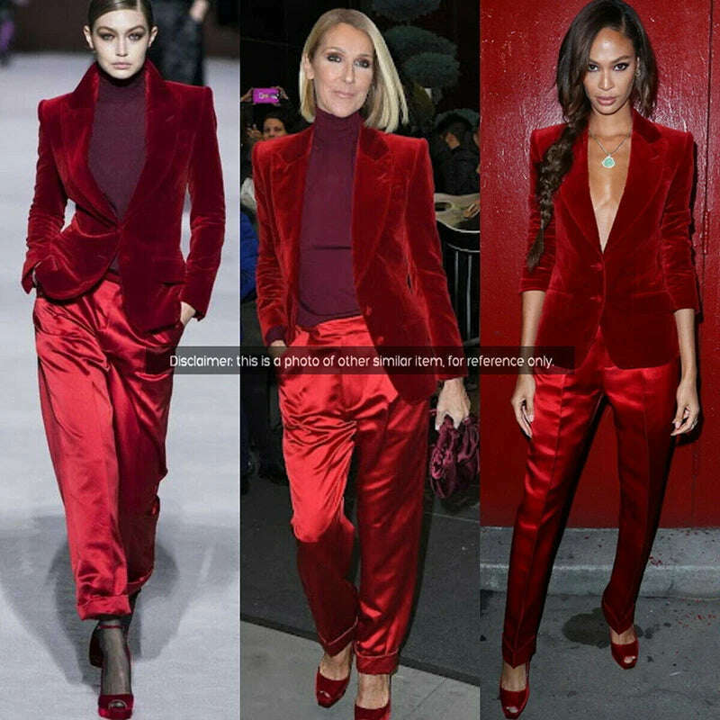 KIMLUD, Velvet Women's 2 Piece Suit Double Breasted Jacket Burgundy Party Tuxedo Pants Set costume deux pieces femme, KIMLUD Womens Clothes