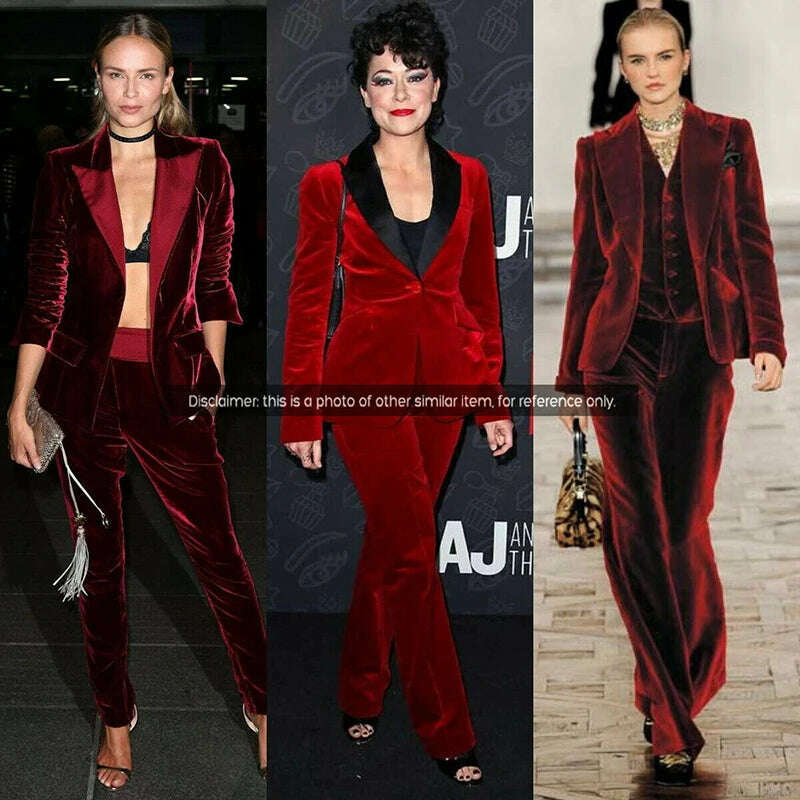 KIMLUD, Velvet Women's 2 Piece Suit Double Breasted Jacket Burgundy Party Tuxedo Pants Set costume deux pieces femme, KIMLUD Womens Clothes