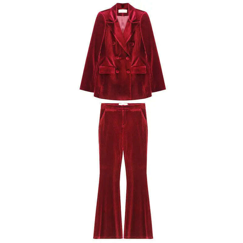 KIMLUD, Velvet Women's 2 Piece Suit Double Breasted Jacket Burgundy Party Tuxedo Pants Set costume deux pieces femme, Claret / XS, KIMLUD APPAREL - Womens Clothes