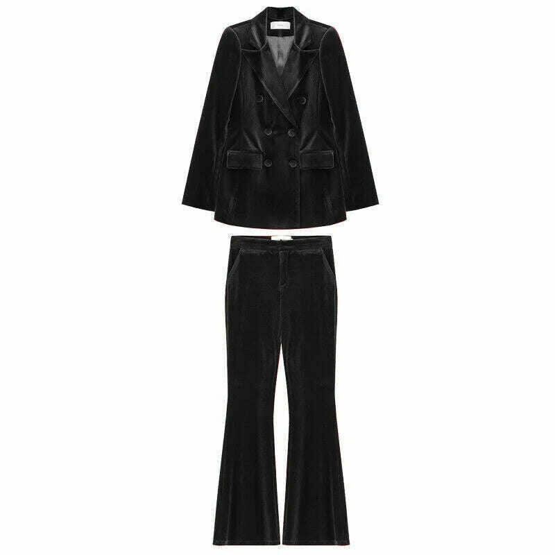 KIMLUD, Velvet Women's 2 Piece Suit Double Breasted Jacket Burgundy Party Tuxedo Pants Set costume deux pieces femme, black / XS, KIMLUD APPAREL - Womens Clothes