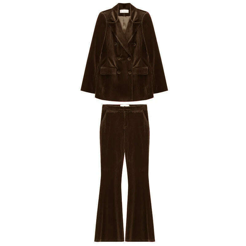 KIMLUD, Velvet Women's 2 Piece Suit Double Breasted Jacket Burgundy Party Tuxedo Pants Set costume deux pieces femme, Brown / XS, KIMLUD APPAREL - Womens Clothes