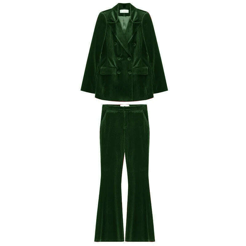 KIMLUD, Velvet Women's 2 Piece Suit Double Breasted Jacket Burgundy Party Tuxedo Pants Set costume deux pieces femme, green / XS, KIMLUD APPAREL - Womens Clothes