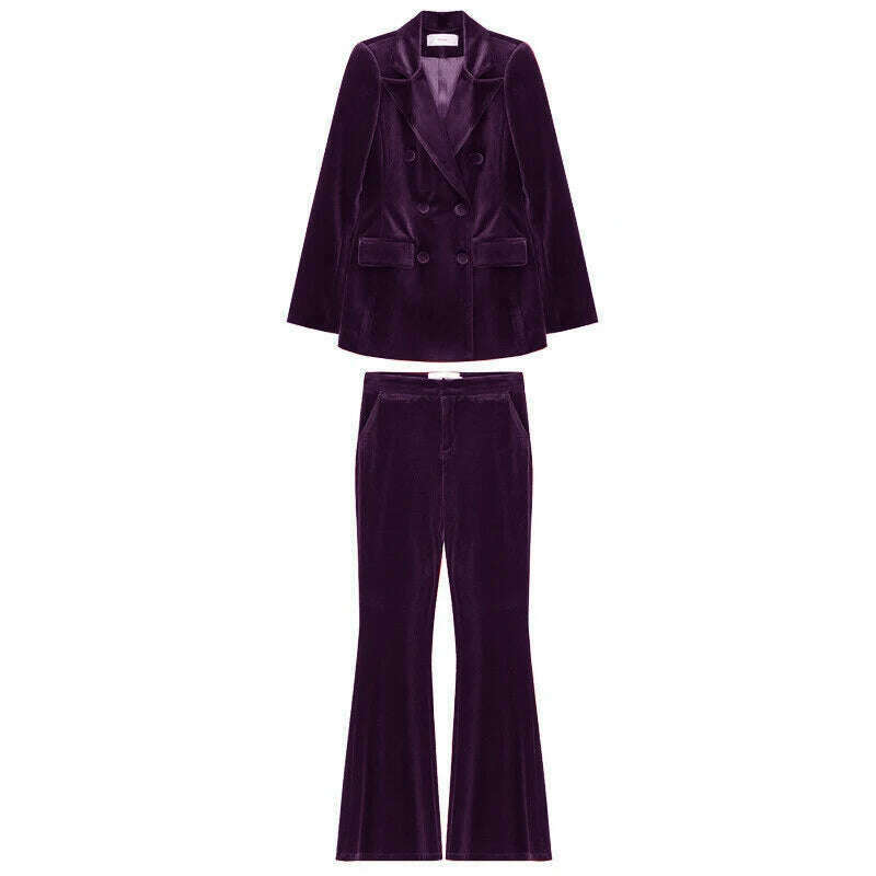 KIMLUD, Velvet Women's 2 Piece Suit Double Breasted Jacket Burgundy Party Tuxedo Pants Set costume deux pieces femme, PURPLE / XS, KIMLUD APPAREL - Womens Clothes