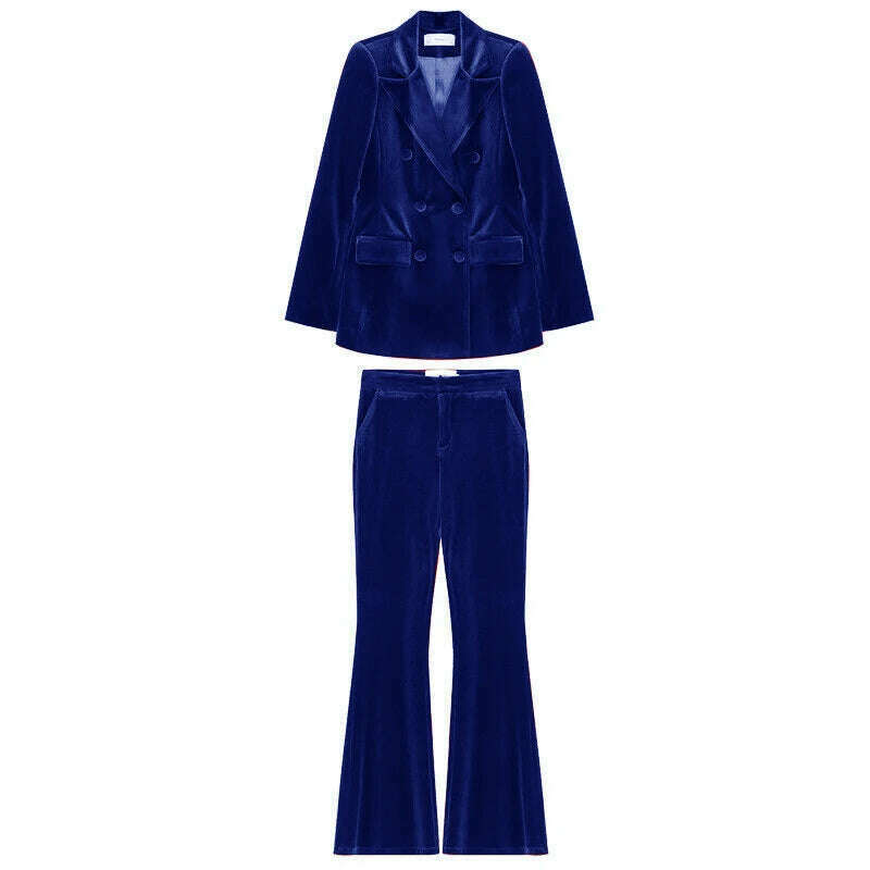 KIMLUD, Velvet Women's 2 Piece Suit Double Breasted Jacket Burgundy Party Tuxedo Pants Set costume deux pieces femme, royal blue / XS, KIMLUD APPAREL - Womens Clothes