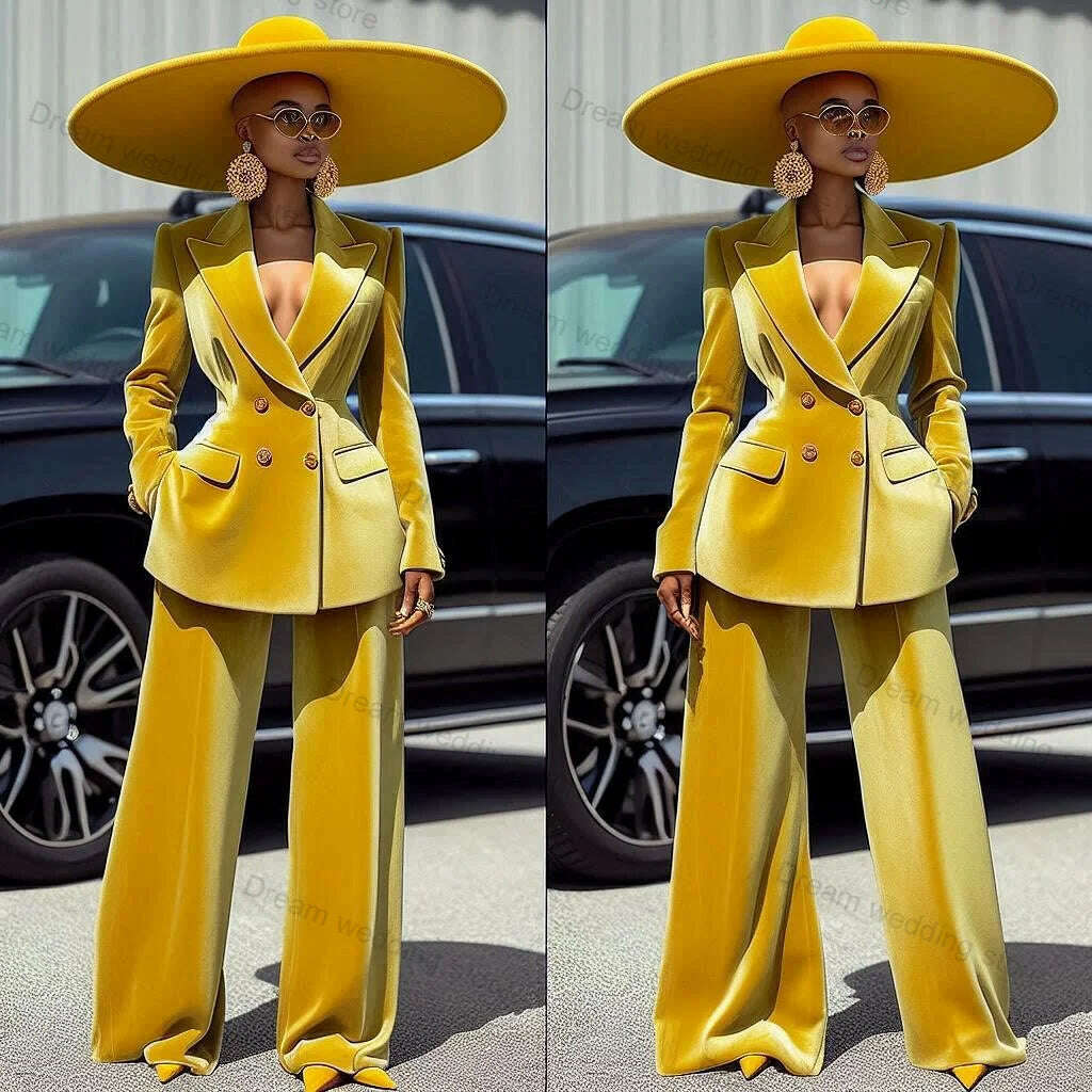 Velvet Yellow Women Suits Pants Set 2 Piece Blazer+Trousers Formal Prom Dress Wedding Tuxedo Customized Office Jacket Coat - KIMLUD