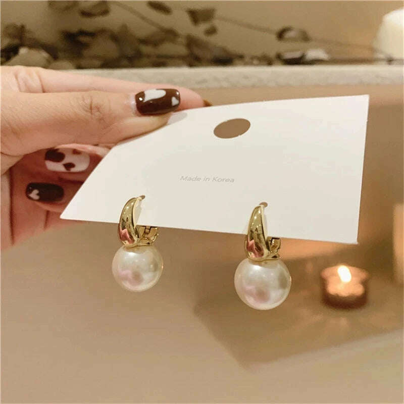 KIMLUD, VENTFILLE 2023 New Cute Pearl Studs Hoop Earrings for Women Gold Color Eardrop Minimalist Hoops Wedding Fashion Jewelry Dropship, KIMLUD Womens Clothes