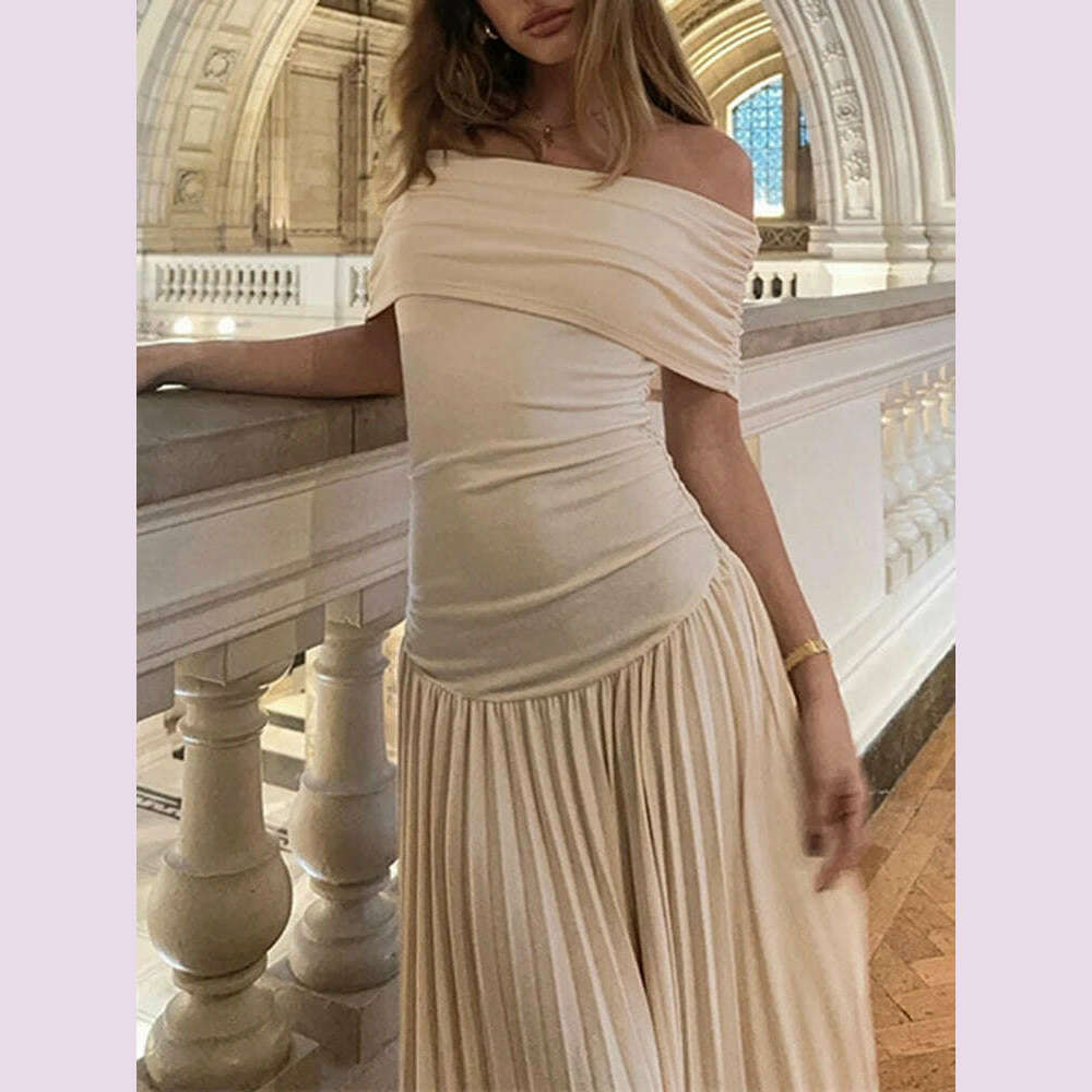 VGH Elegant Spliced Folds Dress For Women Slash Neck Off The Shoulder Sleeve Backless High Waist Temperament Dresses Female New - KIMLUD