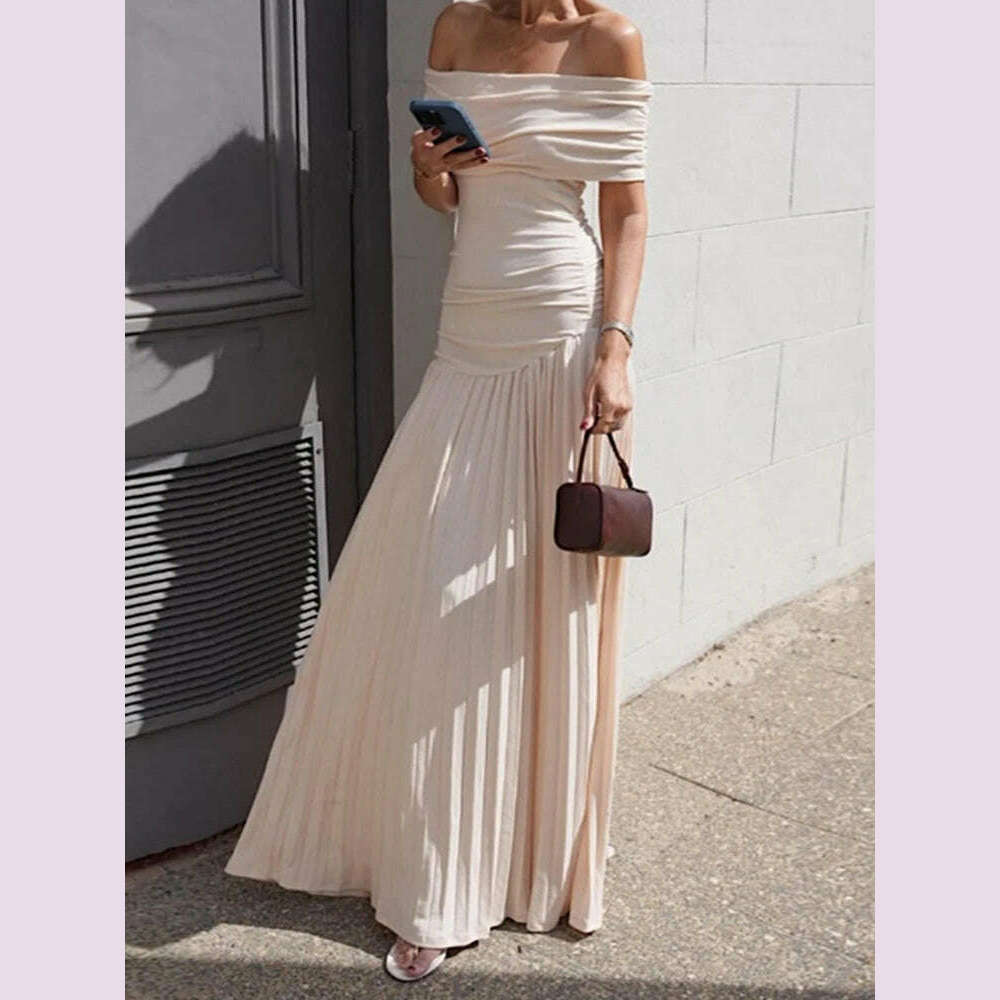 VGH Elegant Spliced Folds Dress For Women Slash Neck Off The Shoulder Sleeve Backless High Waist Temperament Dresses Female New - KIMLUD