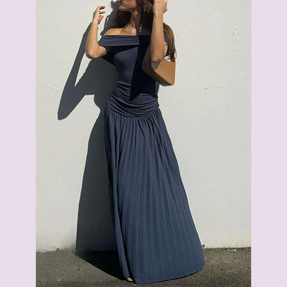 VGH Elegant Spliced Folds Dress For Women Slash Neck Off The Shoulder Sleeve Backless High Waist Temperament Dresses Female New - KIMLUD