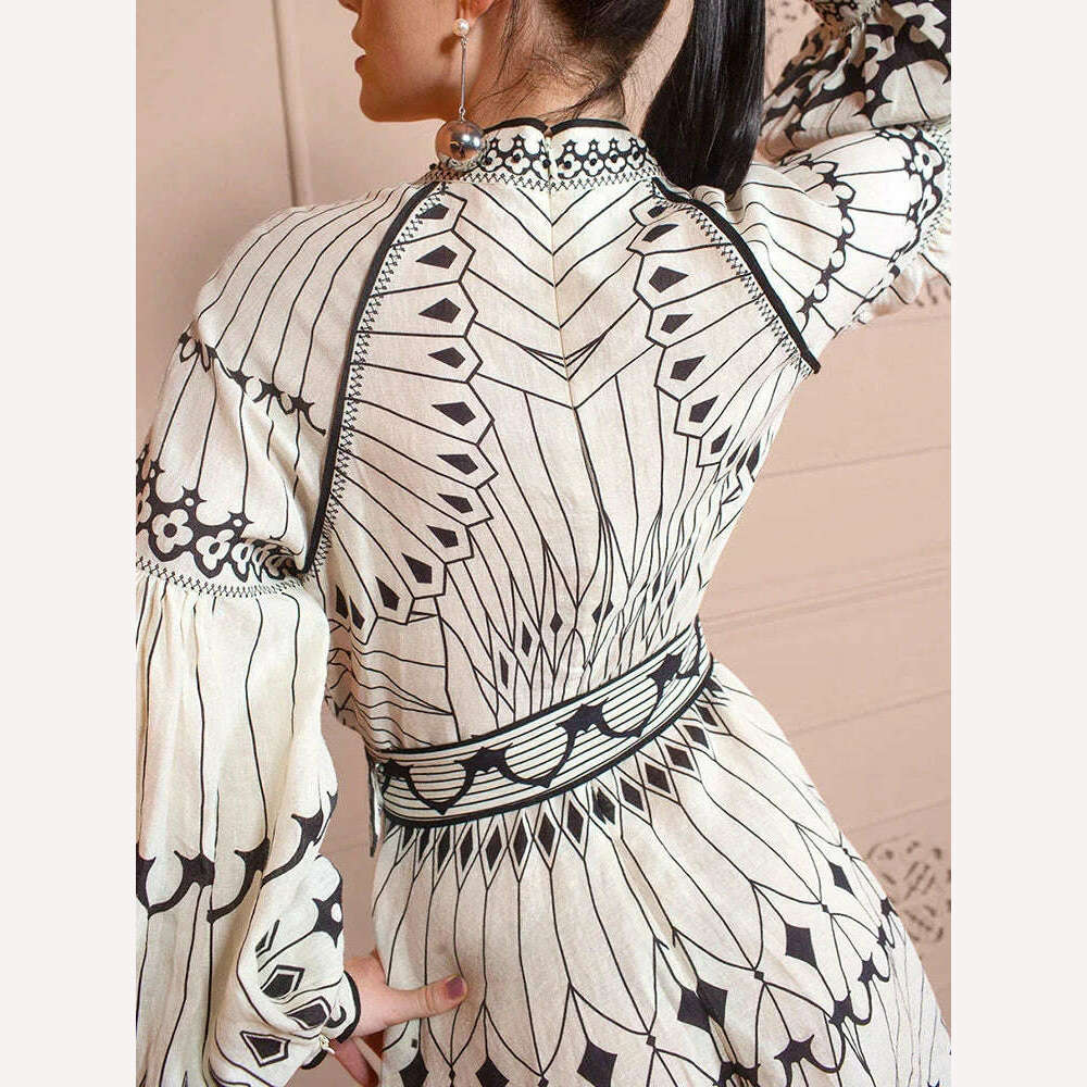 KIMLUD, VGH Hit Color Patchwork Belt Elegant Dress For Women Stand Collar Lantern Sleeve High Waist Spliced Button Mini Dresses Female, KIMLUD Womens Clothes