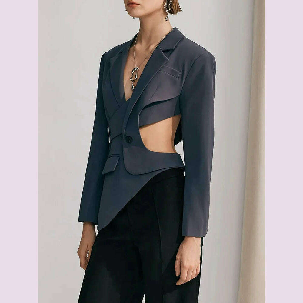 KIMLUD, VGH Irregular Hollow Out Elegant Blazer For Women Notched Collar Long Sleeve Spliced Button Temperament Slimming Blazers Female, KIMLUD Womens Clothes