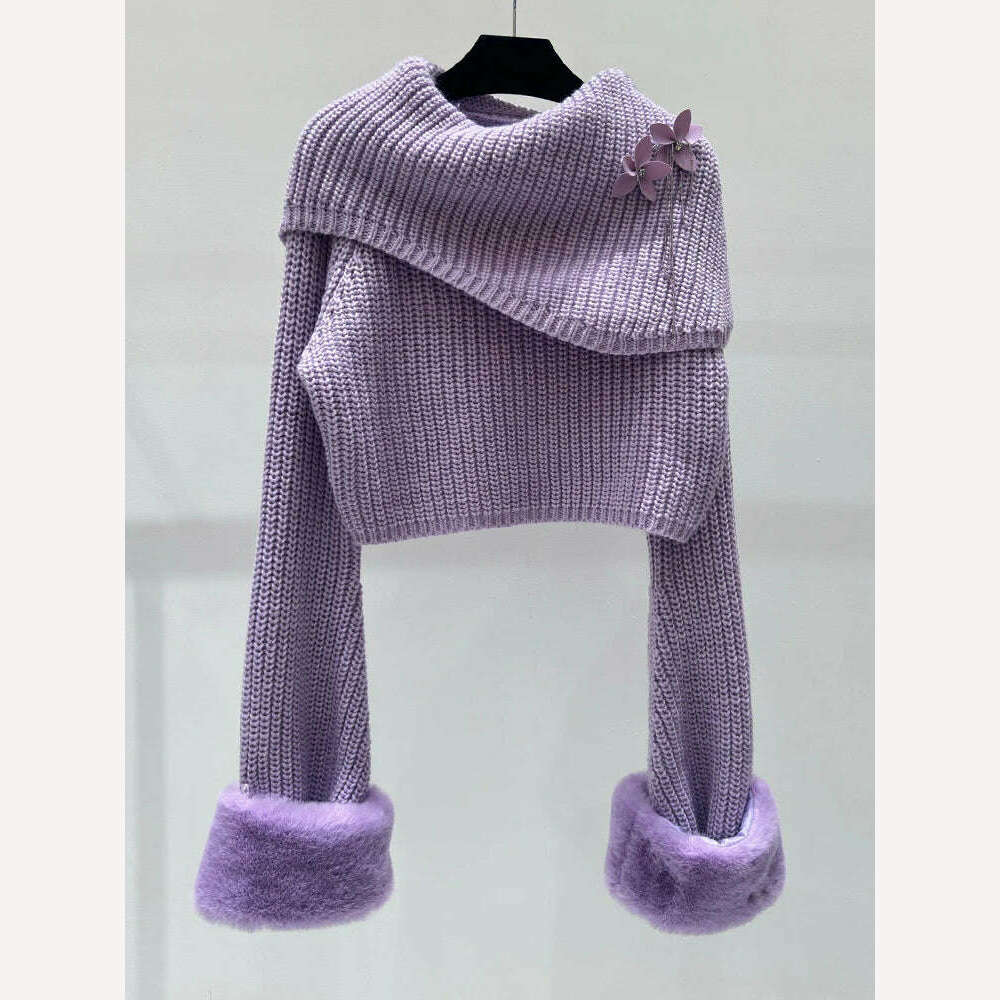 VGH Patchwork Appliques Minimalist Knitting Sweaters For Women Round Neck Long Sleeve Solid Temperament Sweater Female Fashion - KIMLUD