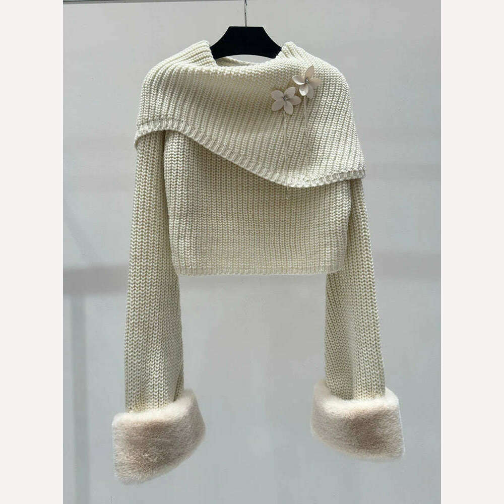 VGH Patchwork Appliques Minimalist Knitting Sweaters For Women Round Neck Long Sleeve Solid Temperament Sweater Female Fashion - KIMLUD