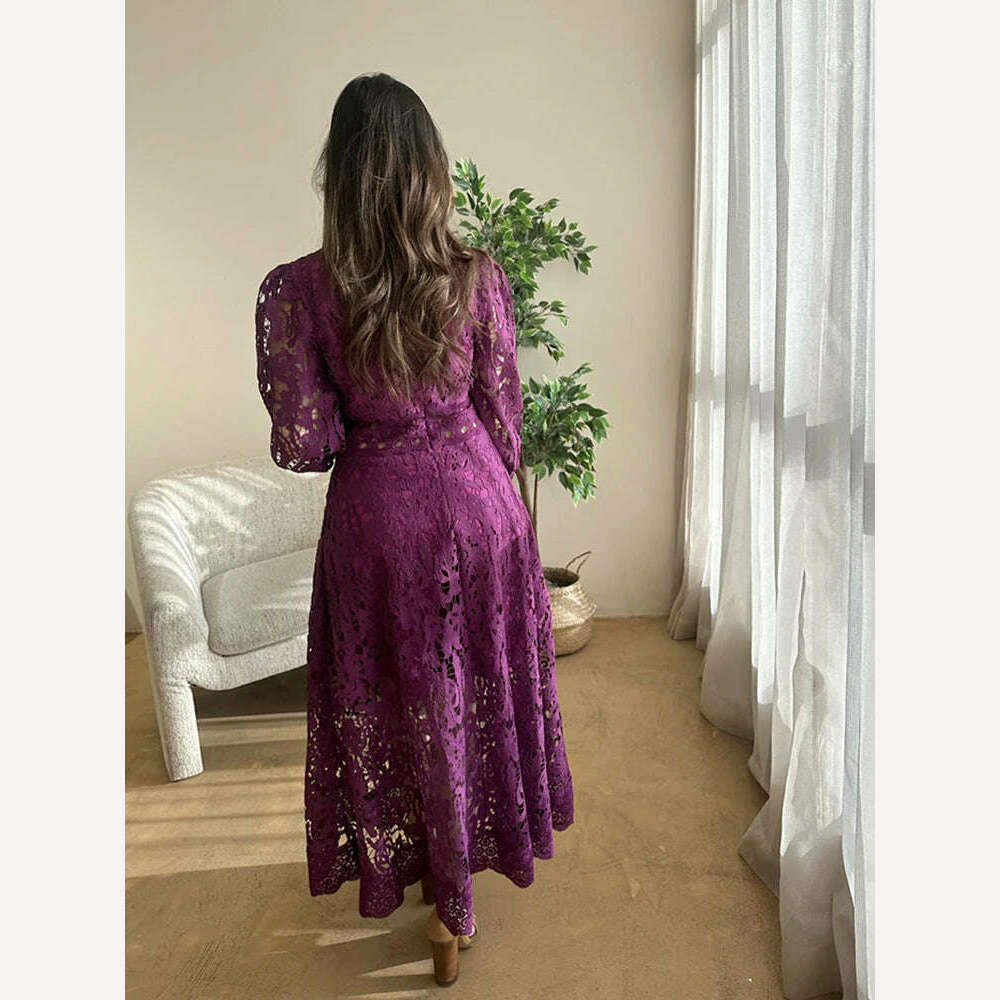 KIMLUD, VGH Purple Hollow Out Elegant Dress For Women Round Neck Lantern Sleeve High Waist Embroidery Dresses Female Fashion New 2024, KIMLUD Womens Clothes