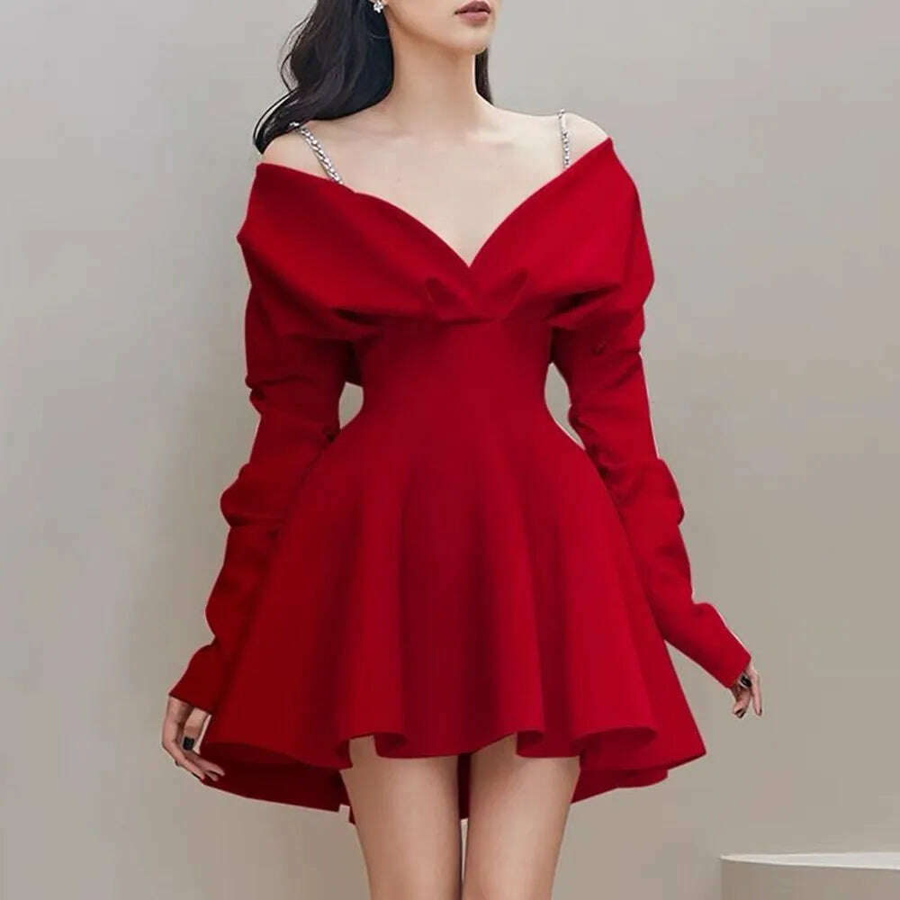 KIMLUD, VGH solid patchwork chain temperament dress for women v neck long sleeve high waist spliced folds elegant dresses female fashion, WINERED / XS, KIMLUD APPAREL - Womens Clothes