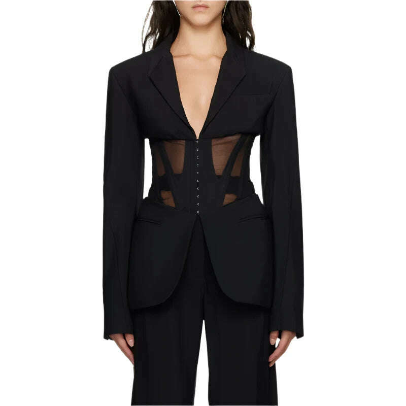 VGH Solid Patchwork Sheer Mesh Tunic Blazers For Women Notched Collar Long Sleeve Spliced Pockets Slimming Blazer Female Style - KIMLUD