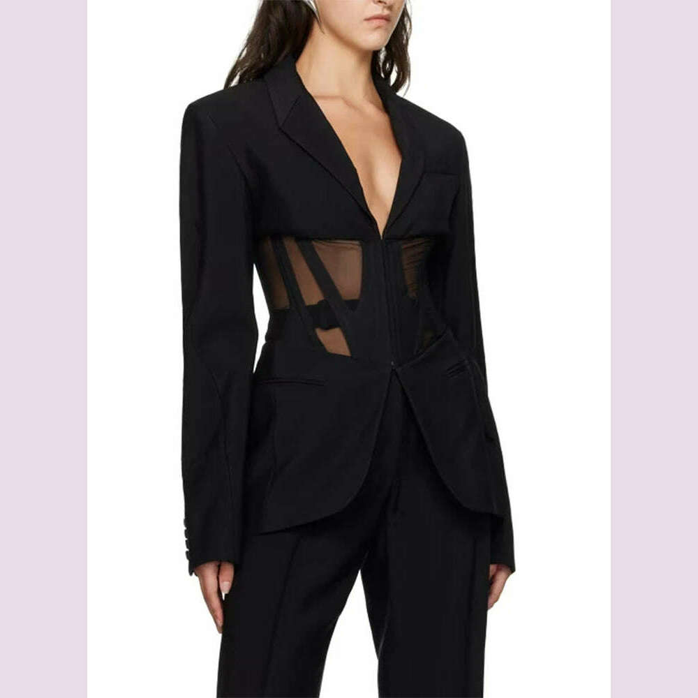 VGH Solid Patchwork Sheer Mesh Tunic Blazers For Women Notched Collar Long Sleeve Spliced Pockets Slimming Blazer Female Style - KIMLUD