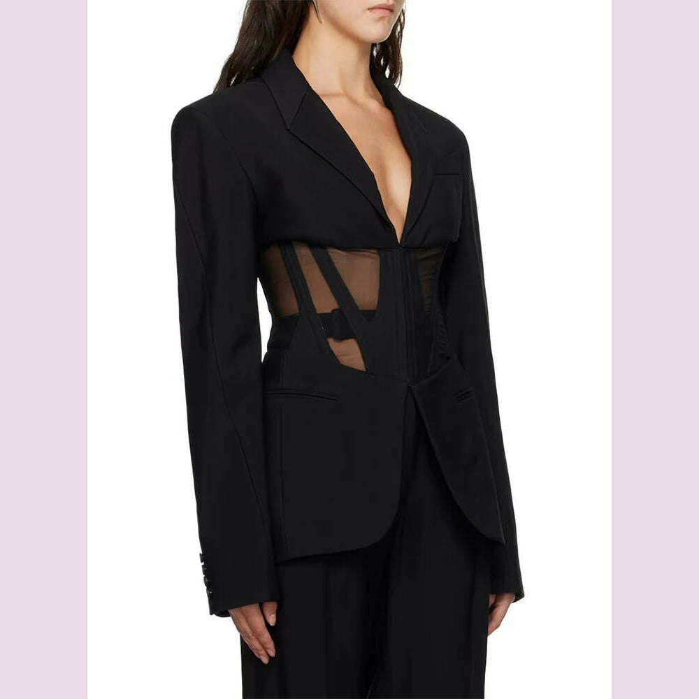 VGH Solid Patchwork Sheer Mesh Tunic Blazers For Women Notched Collar Long Sleeve Spliced Pockets Slimming Blazer Female Style - KIMLUD