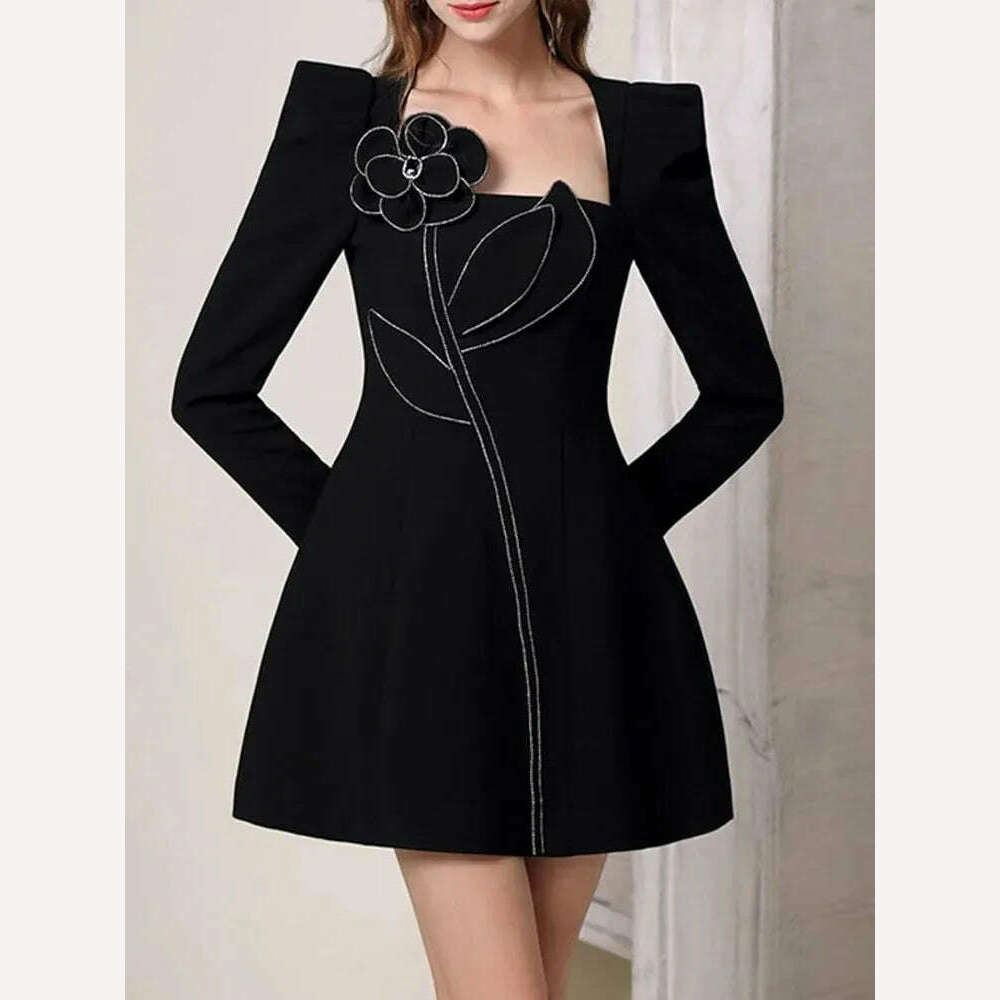 KIMLUD, VGH spliced diamonds floral slimming dresses for women square collar long sleeve high waist temperament dress female fashion new, BLACK / M, KIMLUD APPAREL - Womens Clothes