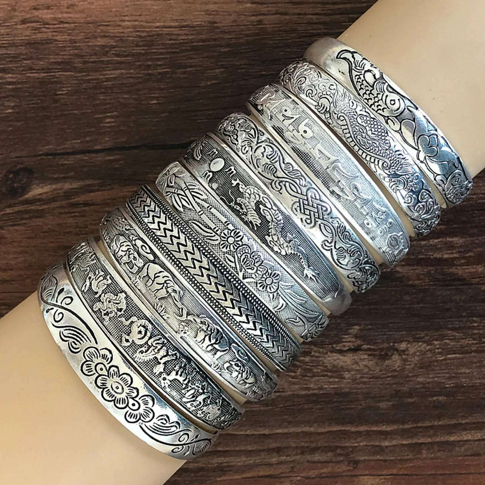 KIMLUD, Vintage Antique Silver Color Animal Snake Flower Pattern Bangles For Women Bohemian Open Metal Bracelets Party Jewelry Gifts, KIMLUD Womens Clothes