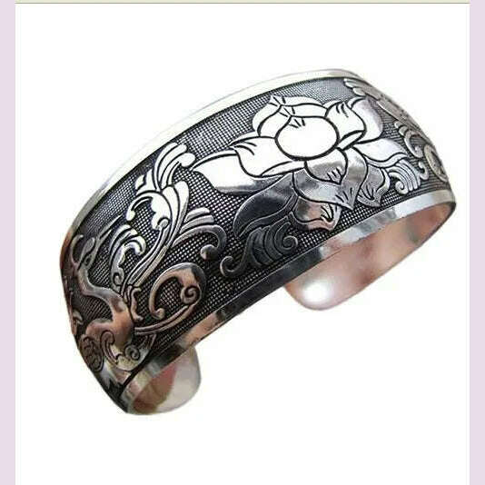 KIMLUD, Vintage Cuff Bracelet Tibetan Silver Plated Carved Flower Geometric Animal Opening Bangle Adjustable Indian Jewelry Women Gifts, KIMLUD Womens Clothes