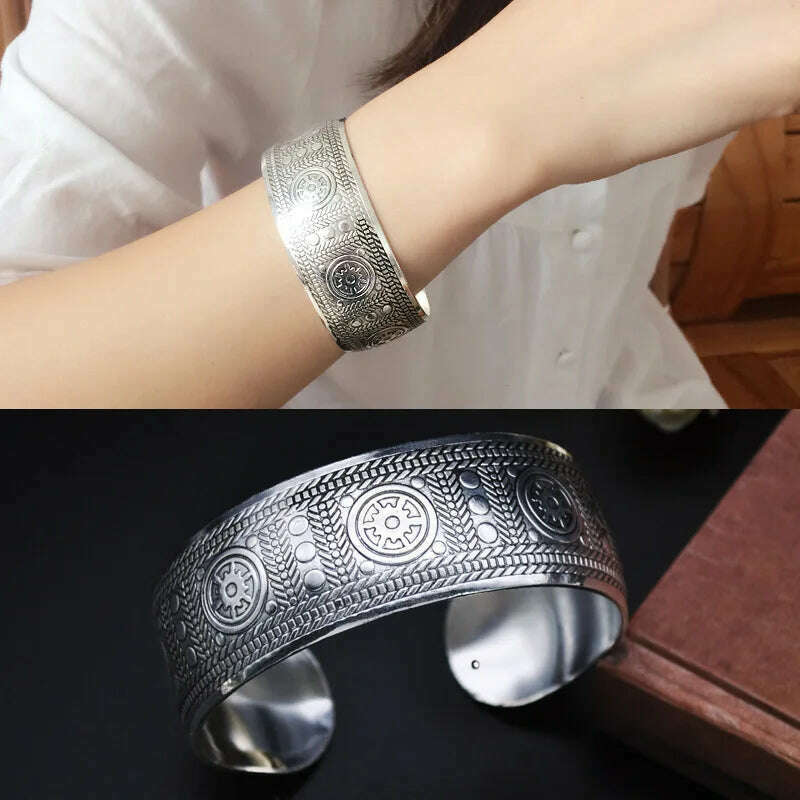 KIMLUD, Vintage Cuff Bracelet Tibetan Silver Plated Carved Flower Geometric Animal Opening Bangle Adjustable Indian Jewelry Women Gifts, YLB0786D, KIMLUD APPAREL - Womens Clothes