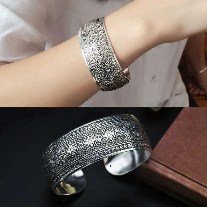 KIMLUD, Vintage Cuff Bracelet Tibetan Silver Plated Carved Flower Geometric Animal Opening Bangle Adjustable Indian Jewelry Women Gifts, YLB0786F, KIMLUD APPAREL - Womens Clothes